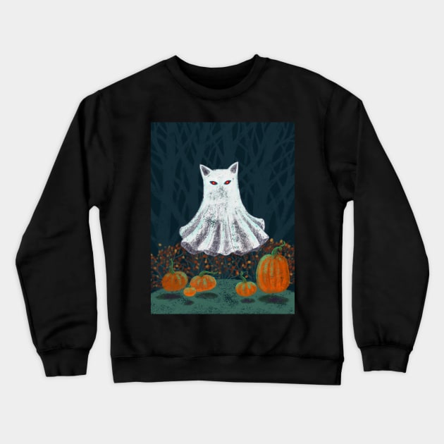 Spooky Ghost Cat in a Pumpkin Patch Crewneck Sweatshirt by dragonstarart